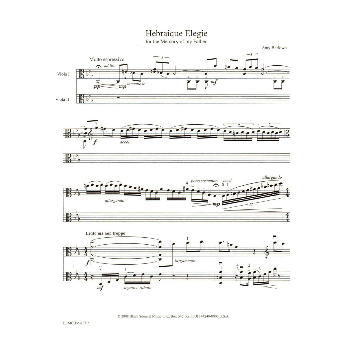Barlowe, Amy - Hebraique Elegie for Two Violas - Black Squirrel Publication