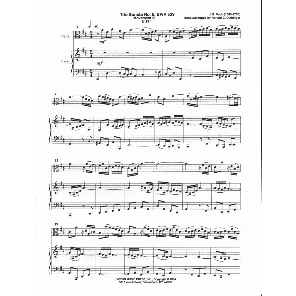 Bach, JS - Trio Sonata No 5, Movement 3 from Six Trio Sonatas, BWV 529 - Viola and Piano - arranged by Ronald Dishinge - Medici Music