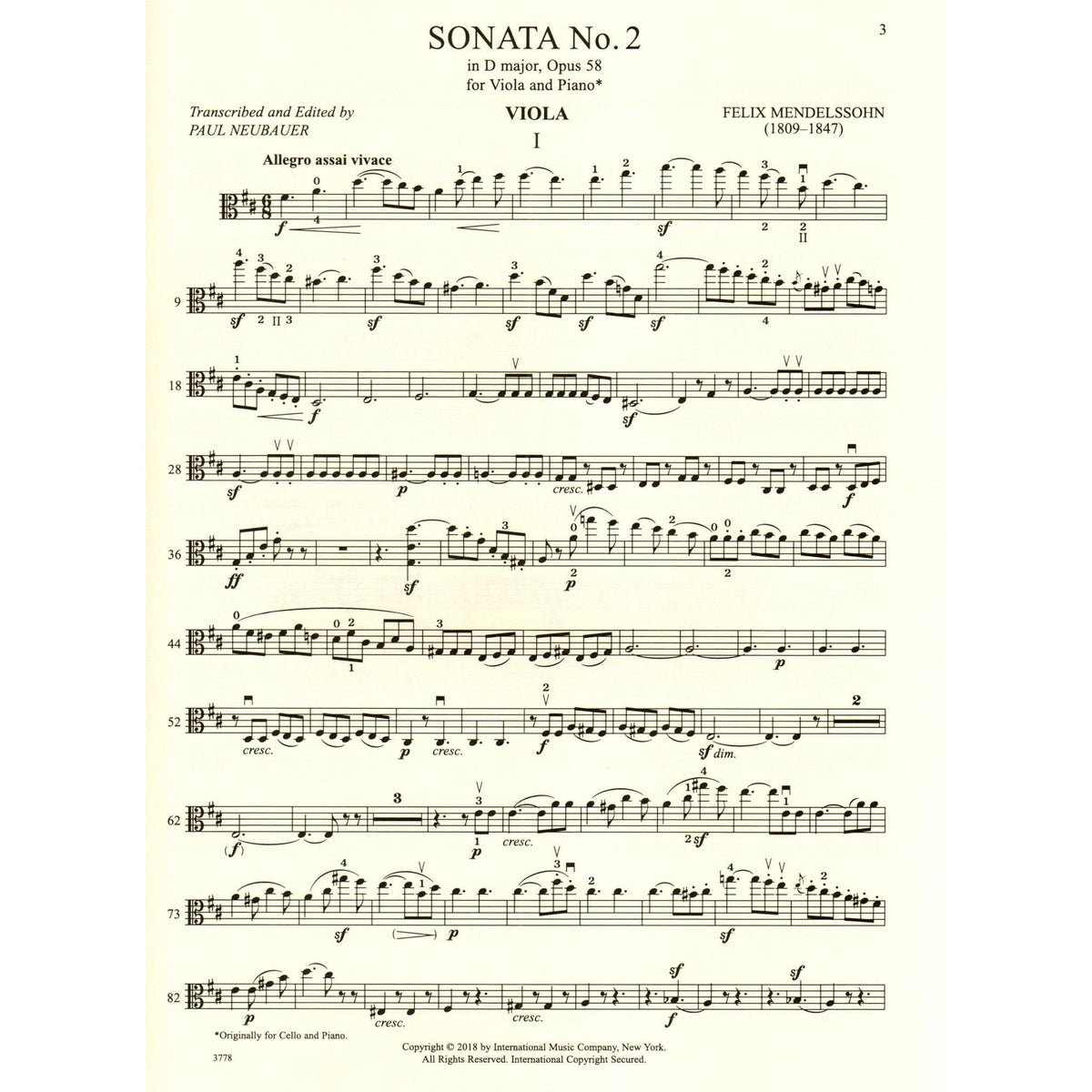 Mendelssohn, Felix - Sonata No. 2 in D major, Op 58 - Viola and Piano - edited by Paul Neubauer - International