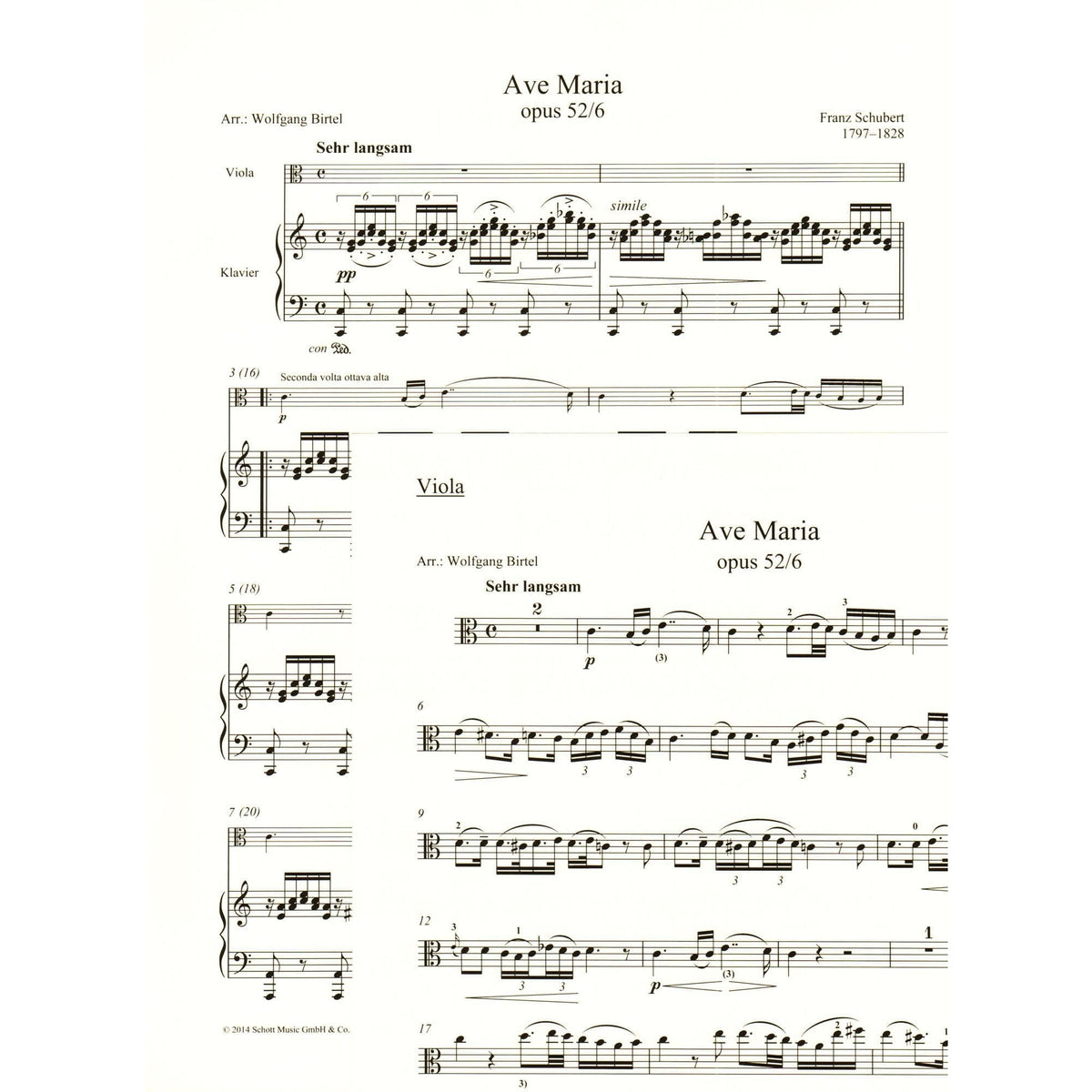 Schubert, Franz Peter - Ave Maria, Opus 52/6 - arranged by Wolfgang Birtel - for Viola and Piano - Schott