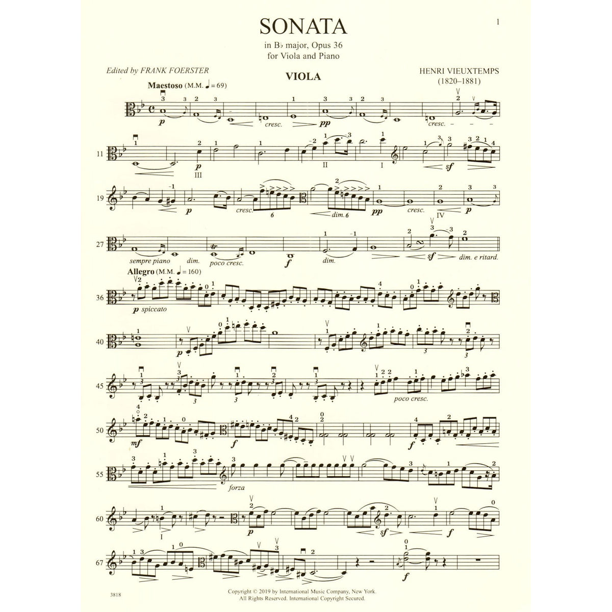 Vieuxtemps, Henri - Sonata in B-flat major, Op. 36 - for Viola and Piano - edited by Frank Foerster - International