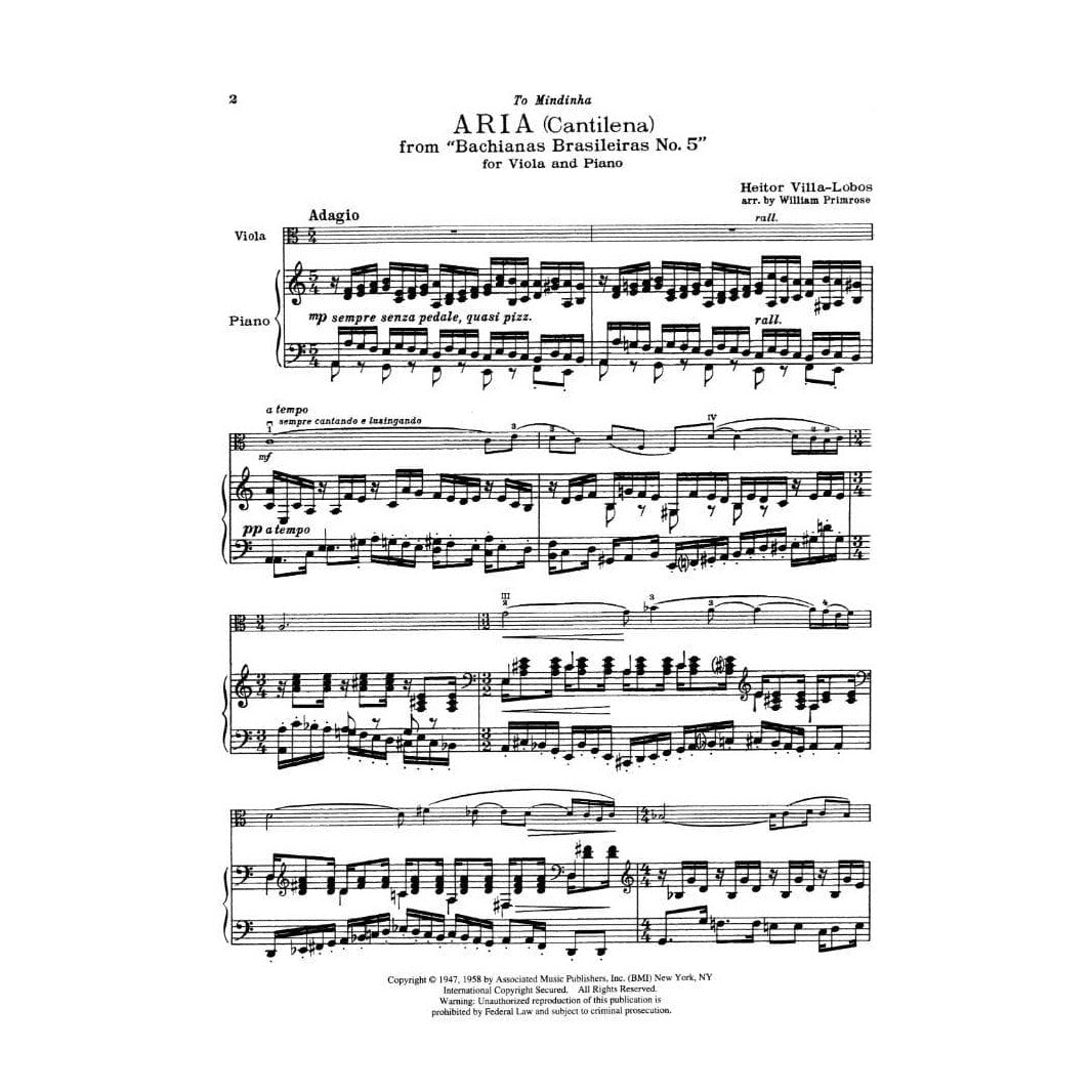 Villa-Lobos, Heitor - Aria from Bachianas Brasilieras No 5 For Viola and Piano with Optional Cello Published by Associated Music Publishers, Inc