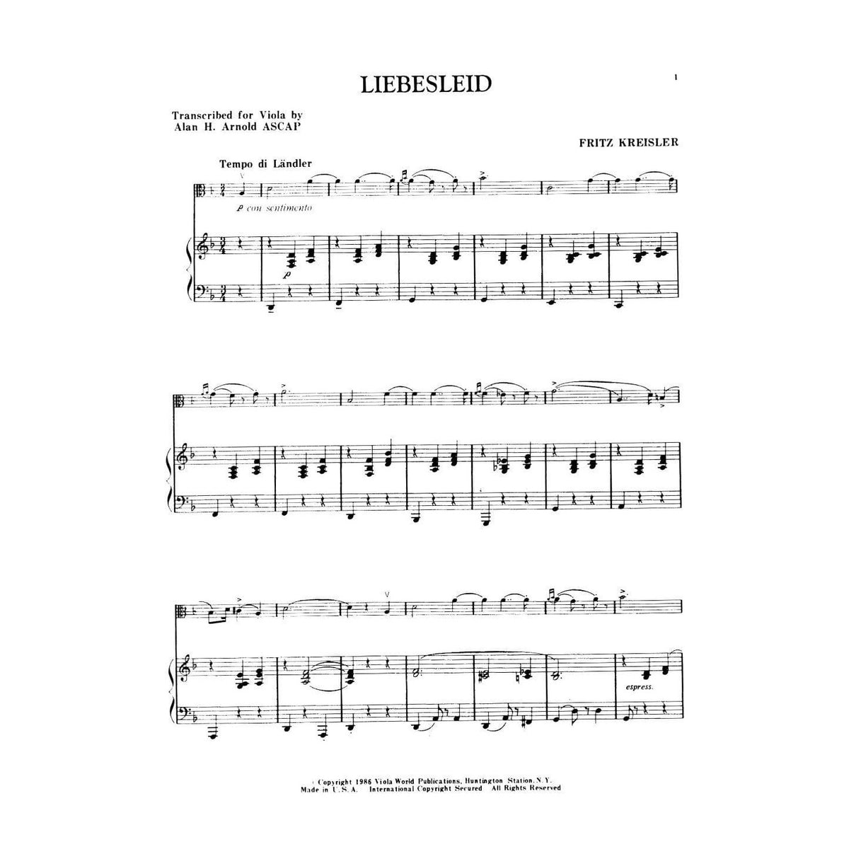 Kreisler, Fritz - Liebesleid - Viola and Piano - transcribed by Alan Arnold - Viola World Publishing