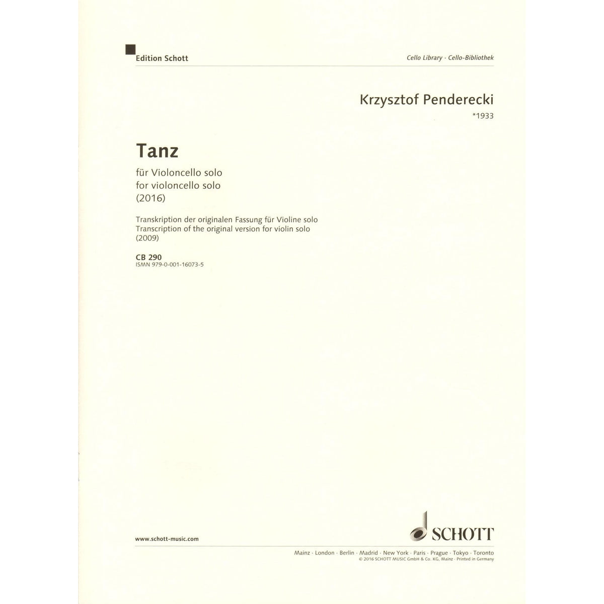 Penderecki, Krzysztof - Tanz - transcription for Solo Cello - Edition Schott