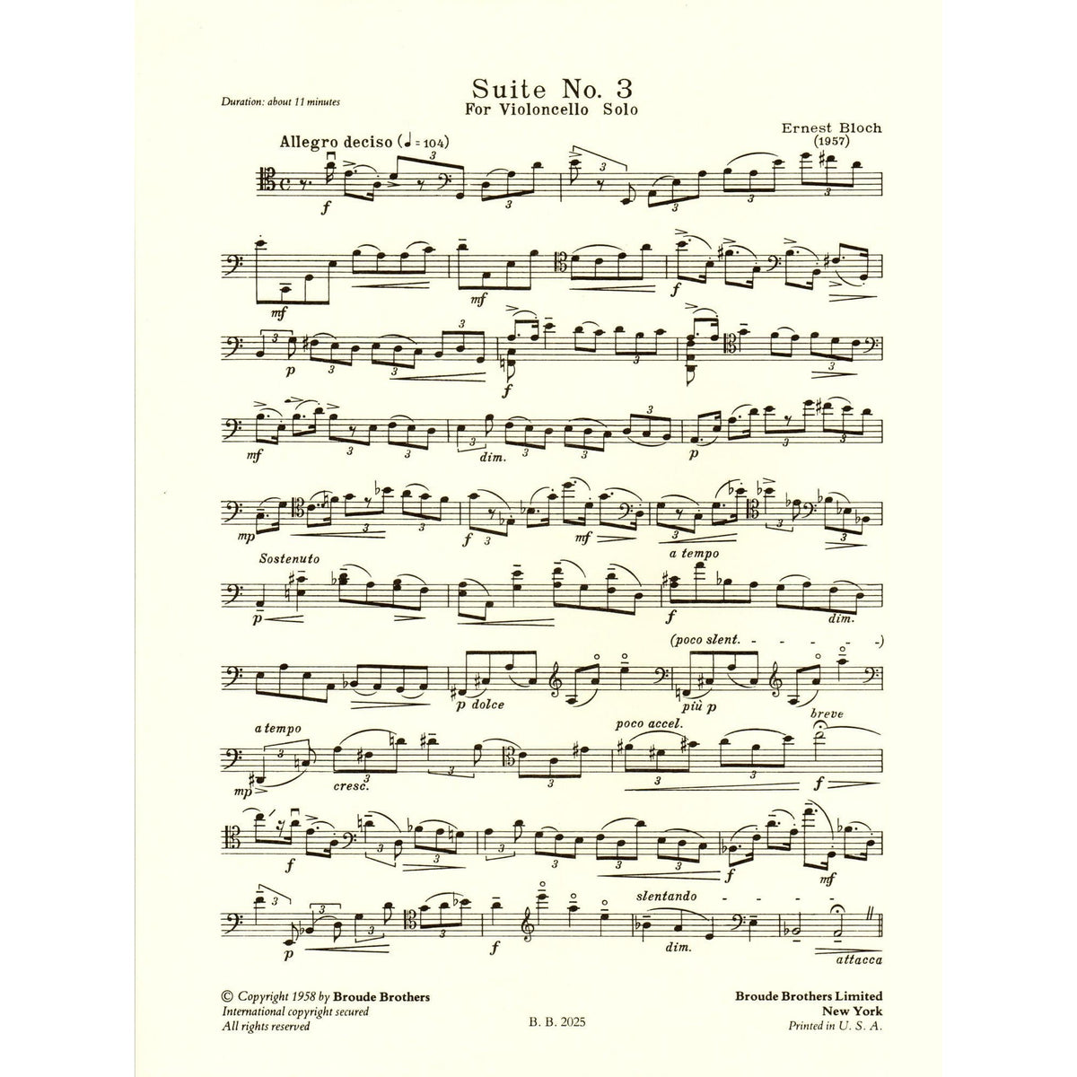 Bloch, Ernest - Suite No 3 For Cello (1957) - Broude Brothers Edition