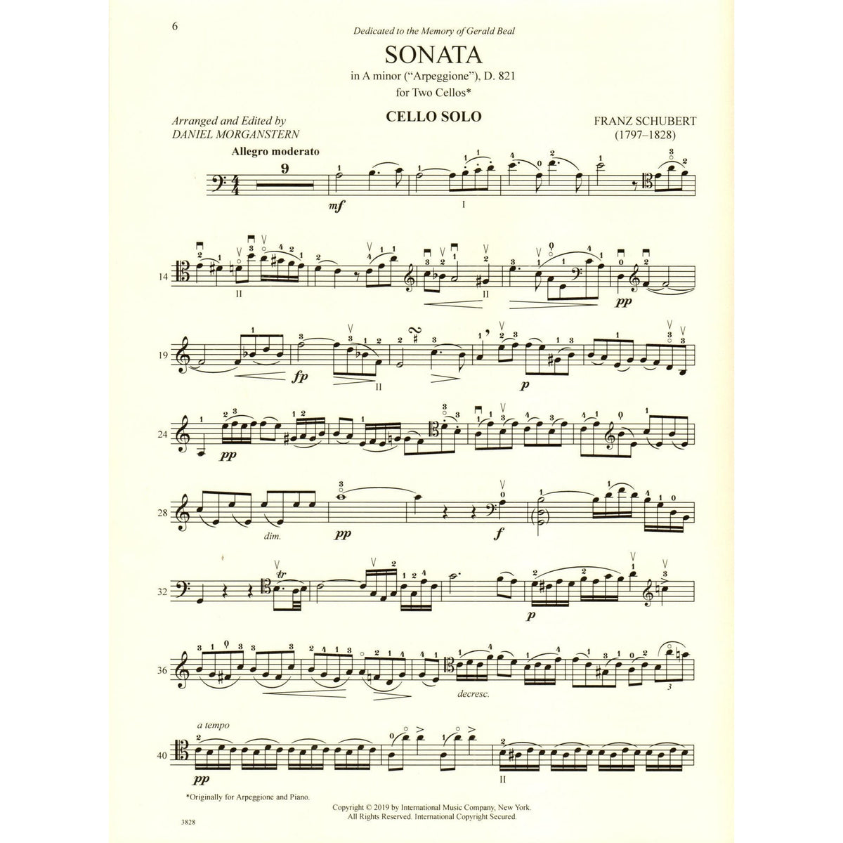 Schubert, Franz - Sonata in A minor - for Cello - with Optional 2nd Cello, Commentary and Preparatory Exercises by Daniel Morganstern - International
