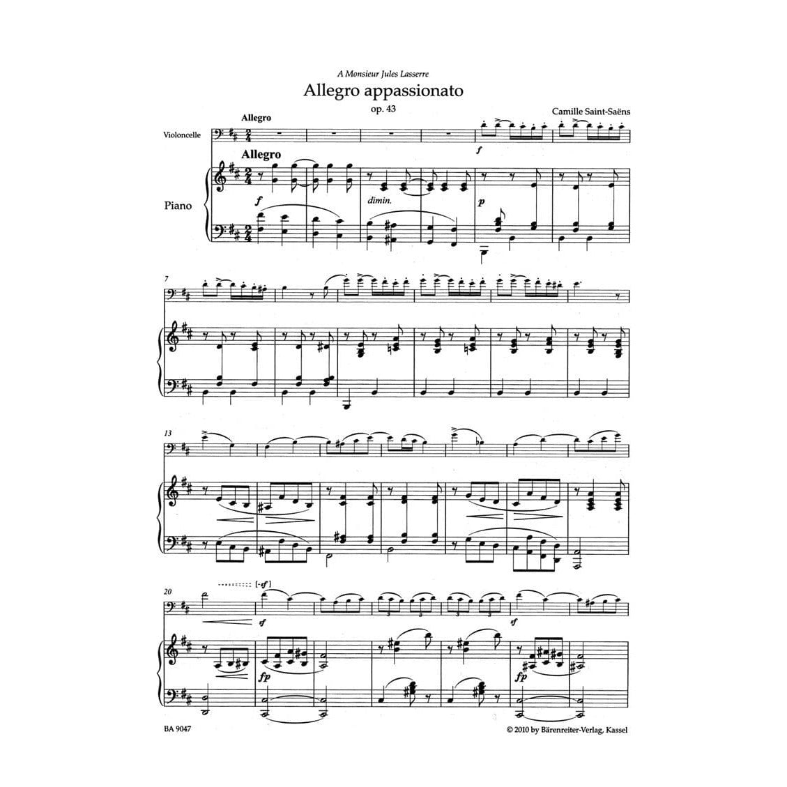 Saint Saëns, Camille - Allegro Appassionato for Violoncello with Piano Accompaniment, Op 43 - edited by Christine Baur - Bärenreiter