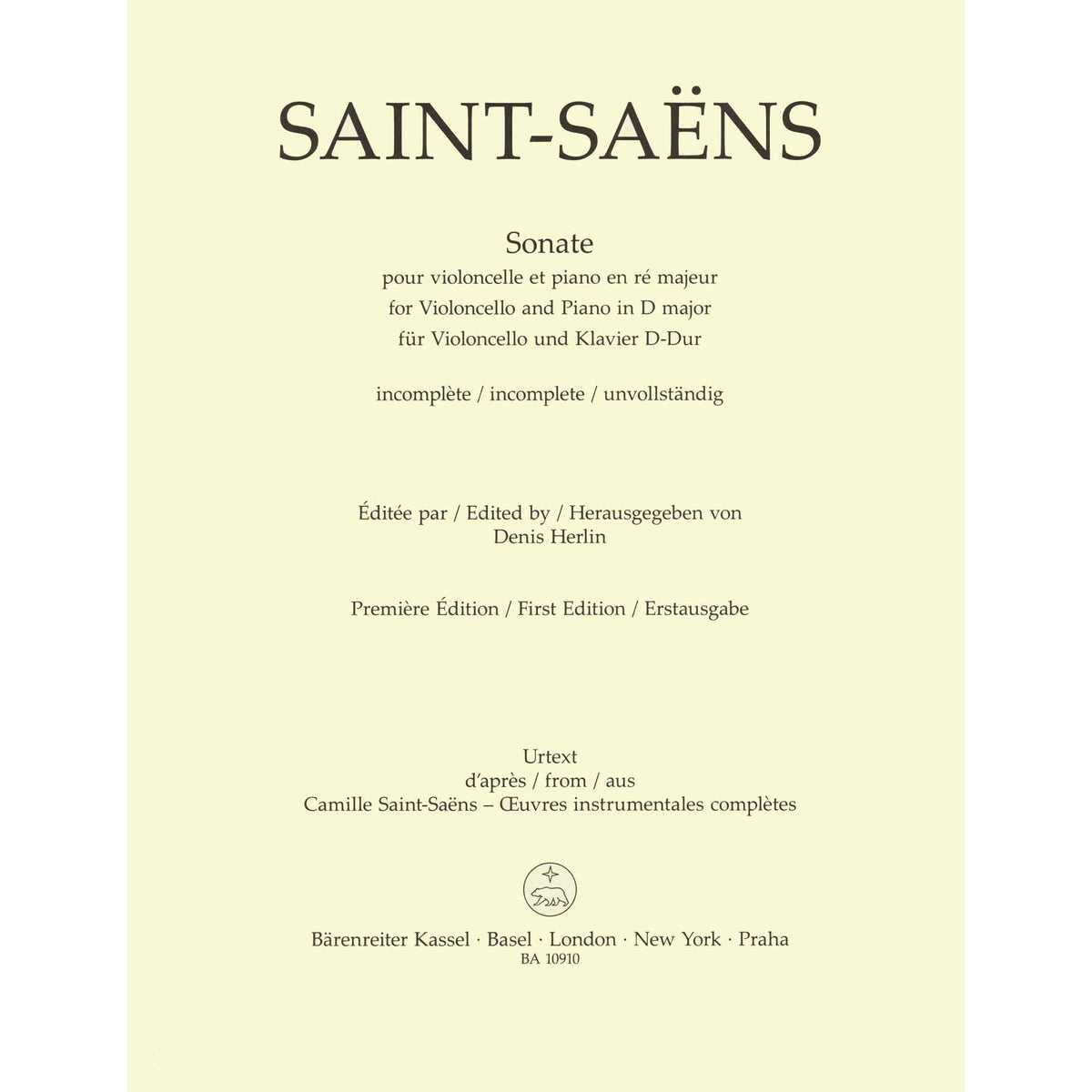 Saint-Saens, Camille - Sonata in D major - for Cello and Piano - edited by Denis Hurlin - Barenreiter URTEXT