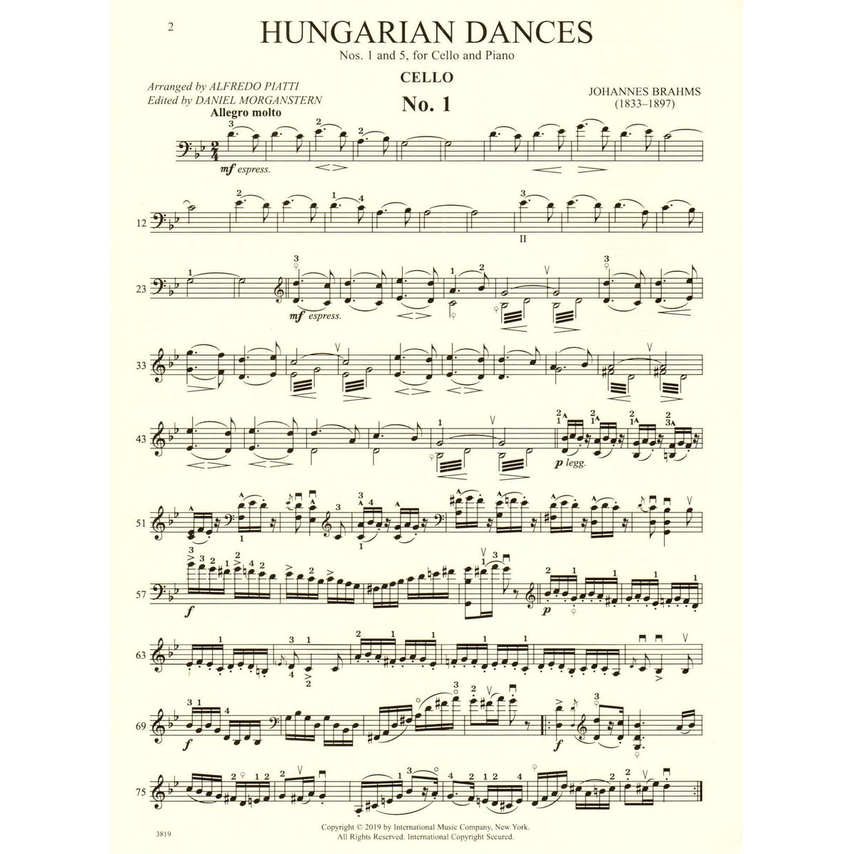 Brahms, Johannes - Hungarian Dances Nos. 1 and 5 - for Cello and Piano - Arranged by Piatti - International