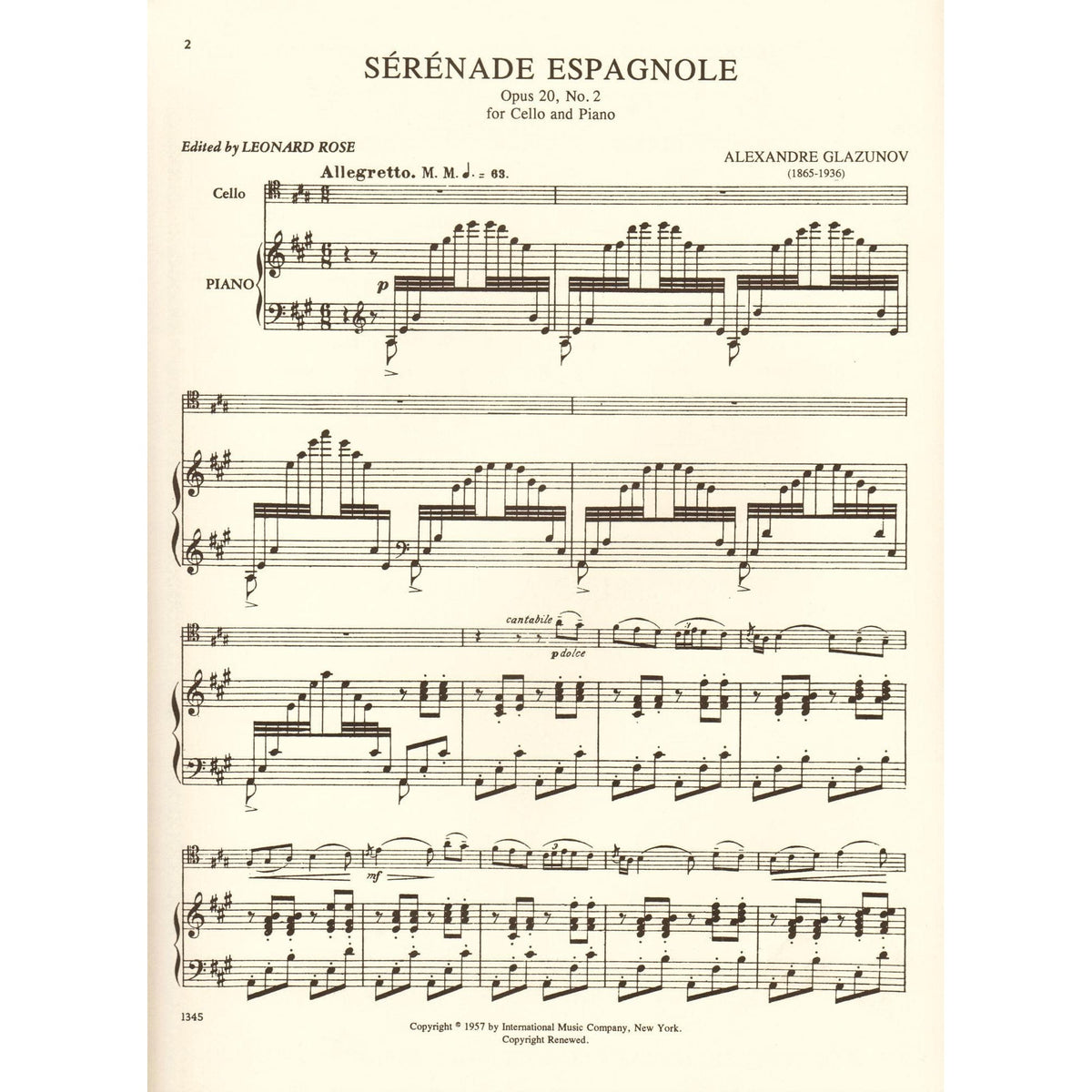 Glazunov, Alexander - Serenade Espagnole, Op 20, No 2 - Cello and Piano - edited by Leonard Rose - International Edition