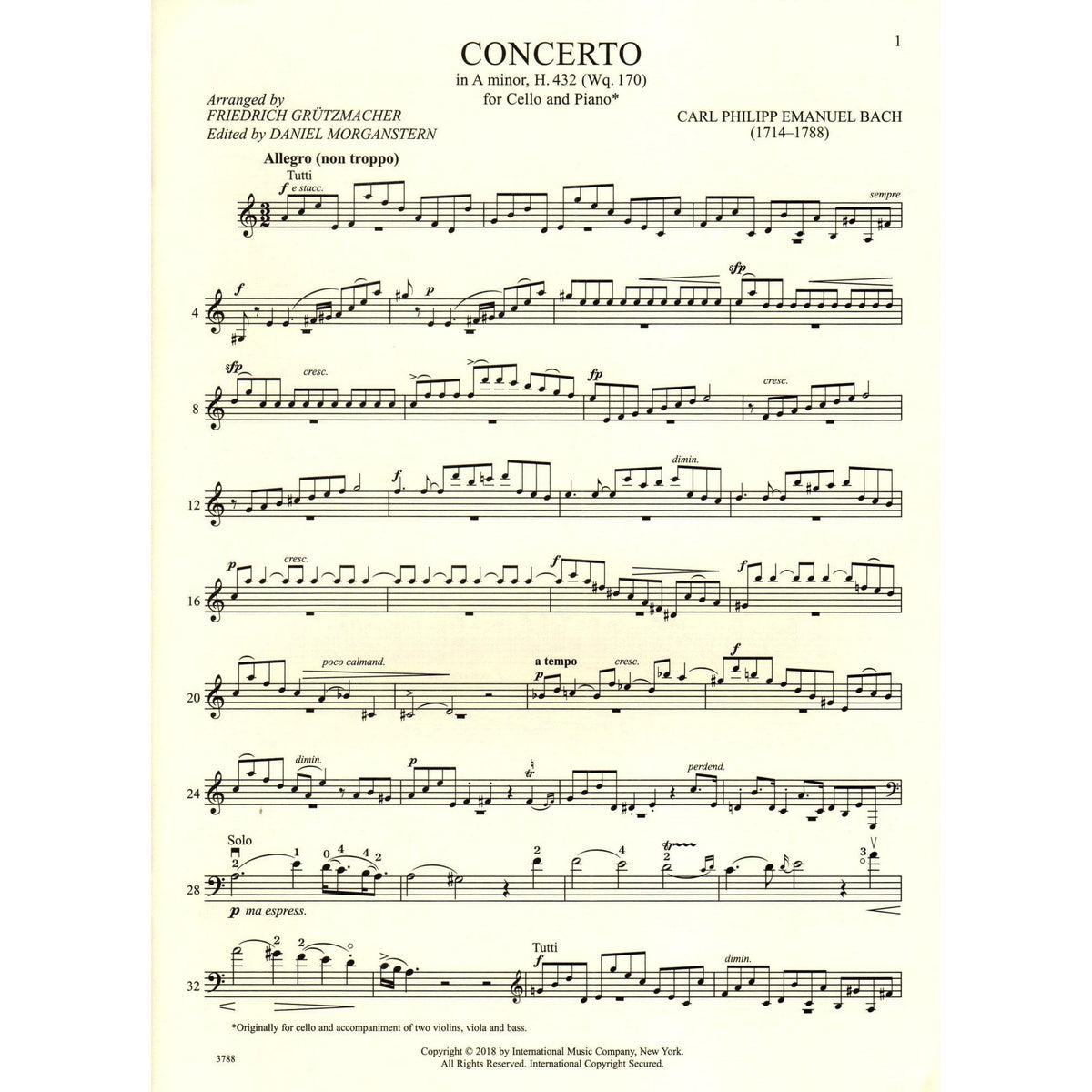 Bach, C.P.E. - Concerto in A minor, H. 432 (Wq. 170) - Cello and Piano - edited by Grutzmacher/Morganstern - International Edition