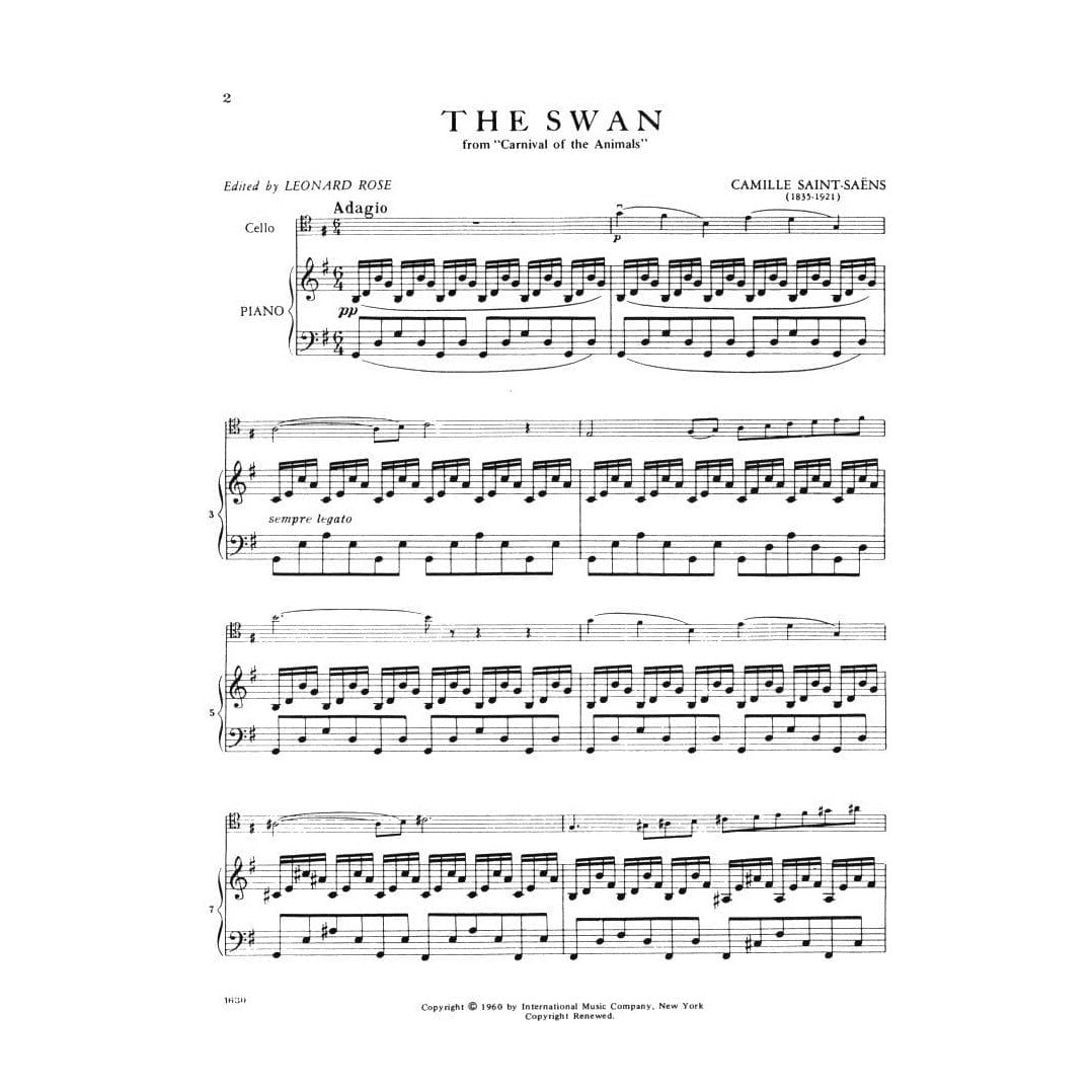 Saint-Saens, Camille - The Swan from "Carnival of the Animals" - for Cello and Piano - edited by Rose - International Music Company
