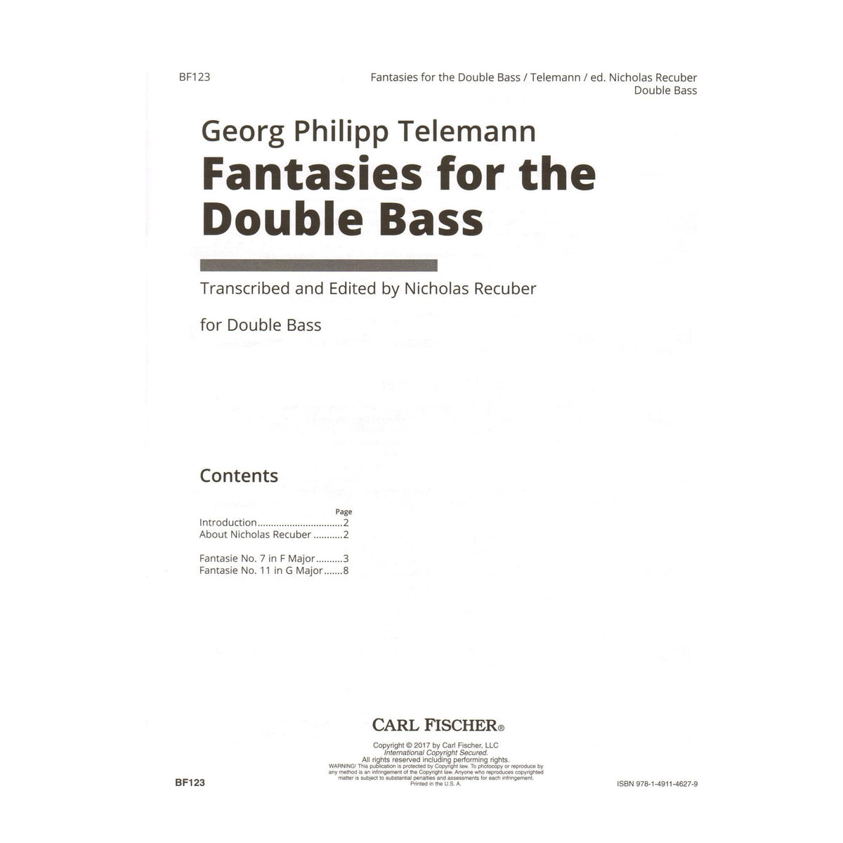 Telemann, G.P. - Fantasies for the Double Bass - for Solo Bass - transcribed and edited by Nicholas Recuber - Carl Fischer