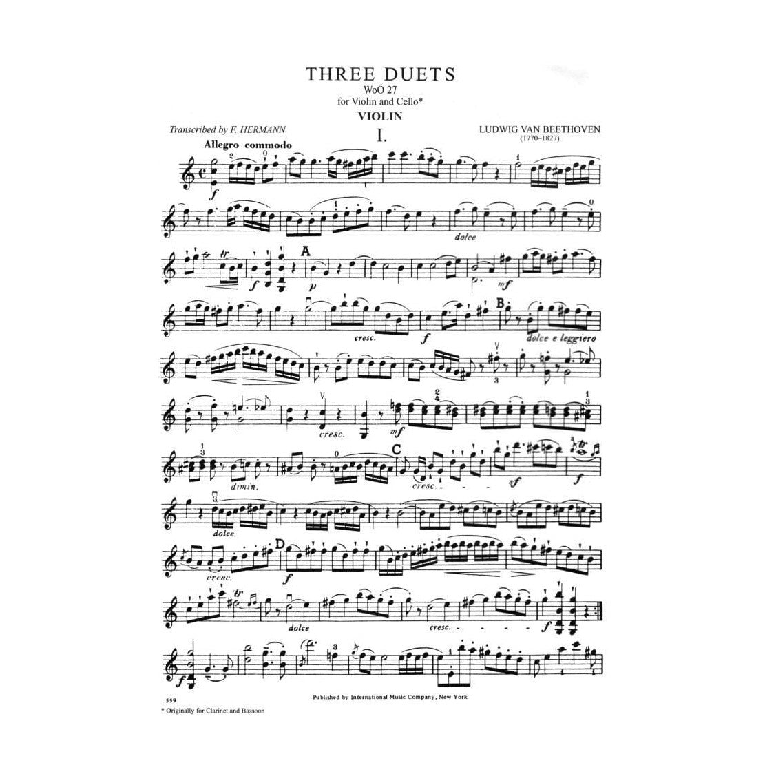 Beethoven, Ludwig - 3 Duets WoO 27 for Violin and Cello - Arranged by Hermann-Pagels - International Edition