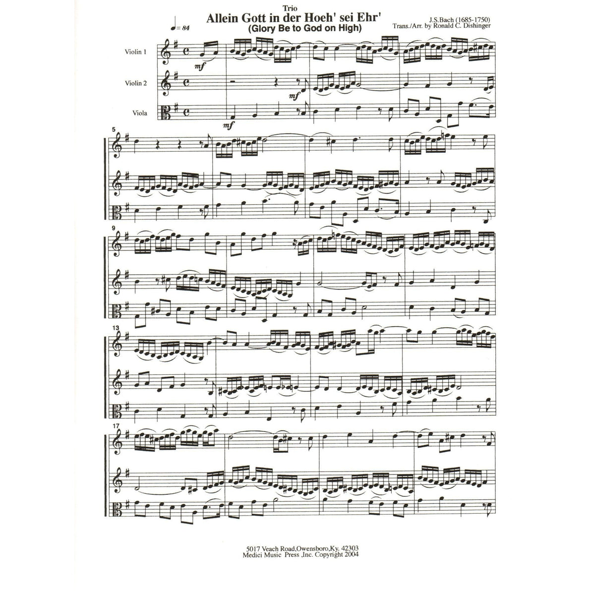 Bach, J.S. - Glory Be to God on High - for Two Violins and Viola - arranged by Dishinger - Medici Music Press