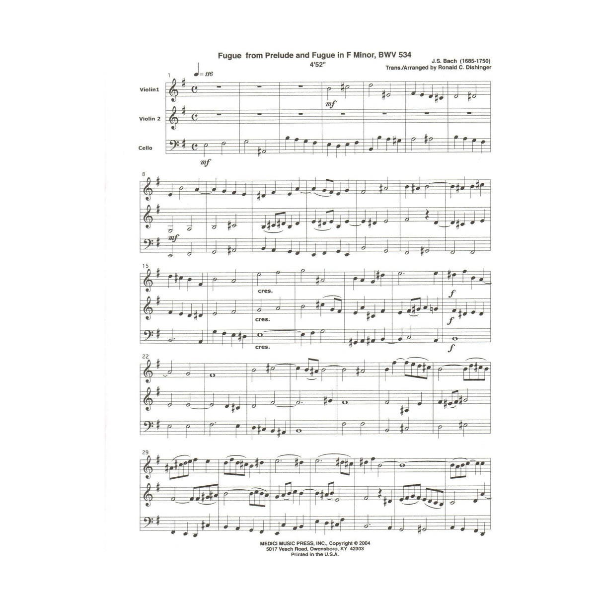 Bach, J.S. - Fugue from Prelude and Fugue (BWV 534) - for Two Violins and Cello - arranged by Dishinger - Medici Music Press