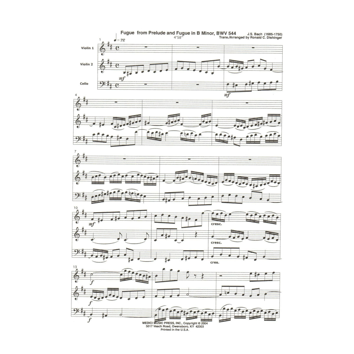 Bach, J.S. - Fugue from Prelude and Fugue in B Minor (BWV 544) - for Two Violins and Cello - arranged by Dishinger - Medici Music Press