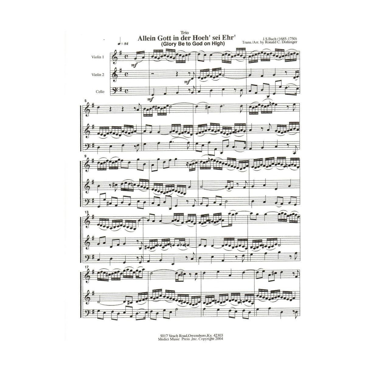 Bach, J.S. - Glory Be to God on High for Two Violins and Cello - Medici Music Press Publication