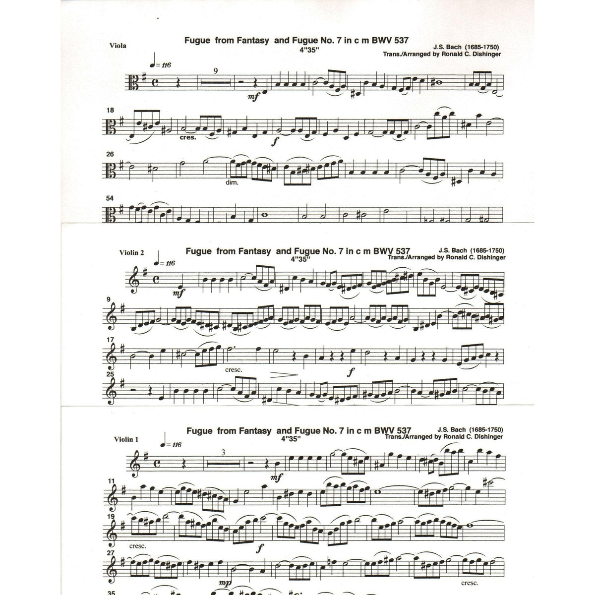 Bach, J.S. - Fugue from Prelude and Fugue (BWV 537) - for Two Violins and Viola - arranged by Dishinger - Medici Music Press