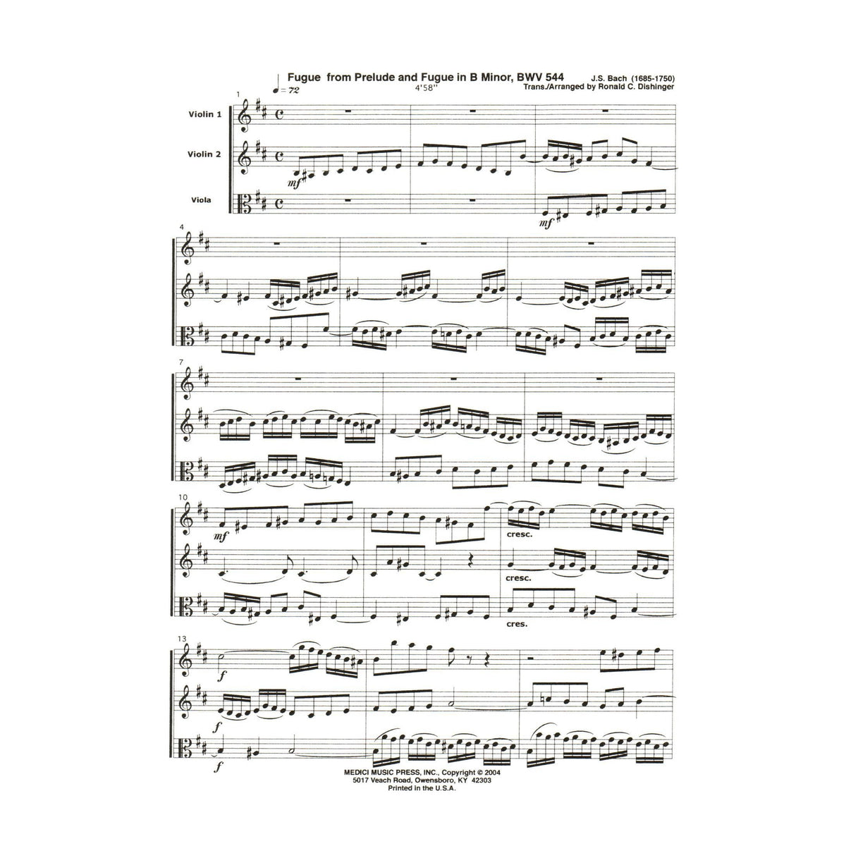 Bach, J.S. - Fugue from Prelude and Fugue in B Minor (BWV 544) - for Two Violins and Viola - arranged by Dishinger - Medici Music Press
