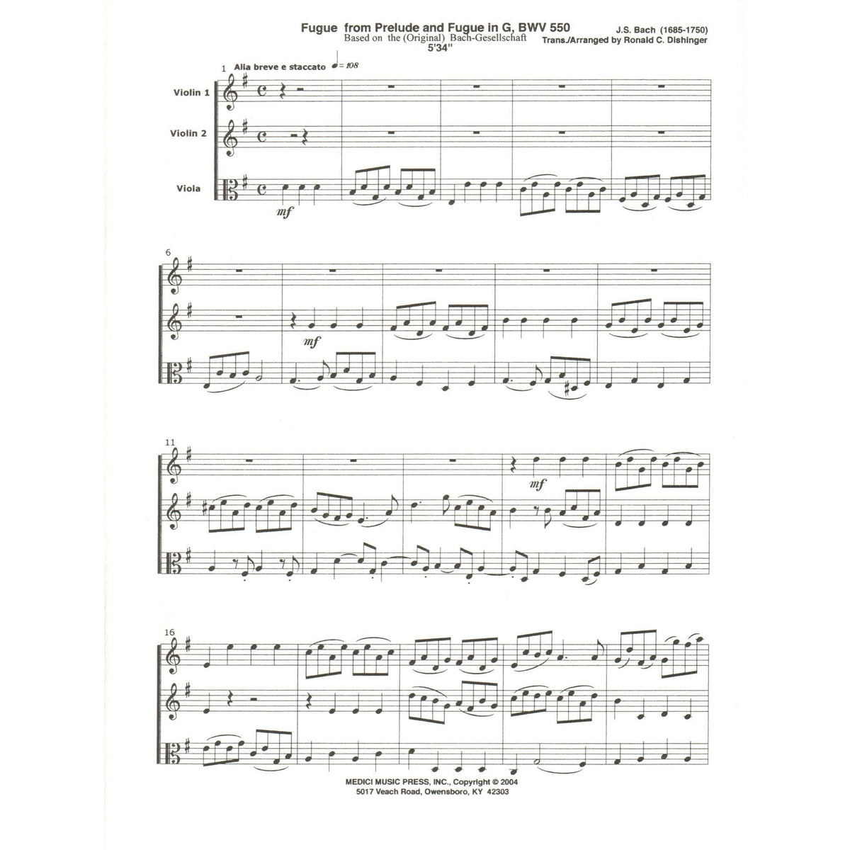 Bach, J.S. - Fugue from Prelude and Fugue in G (BWV 550) - for Two Violins and Viola - arranged by Dishinger - Medici Music Press
