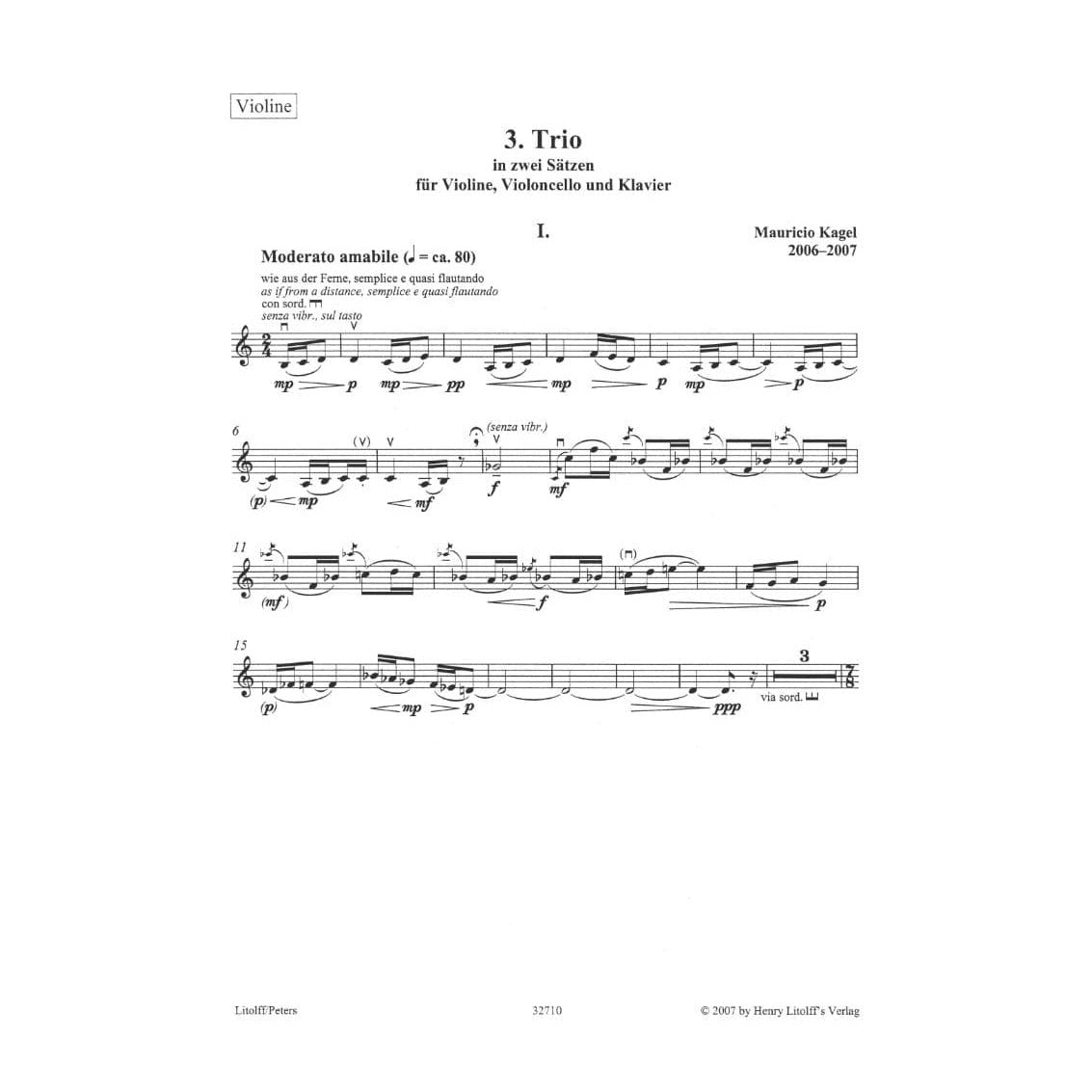 Kagel, Maurice - 3 Trio in Two Movements, for Piano Trio (Violin, Cello and Piano) Published by Edition Peters