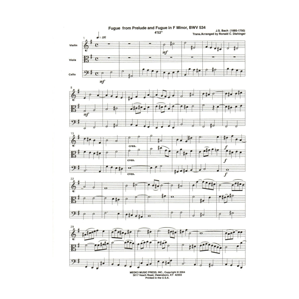 Bach, J.S. - Fugue from Prelude and Fugue (BWV 534) - for String Trio - arranged by Dishinger - Medici Music Press