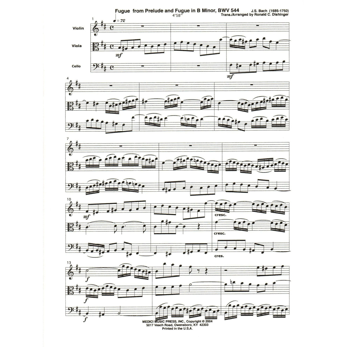 Bach, J.S. - Fugue from Prelude and Fugue in B Minor (BWV 544) - for String Trio - arranged by Dishinger - Medici Music Press