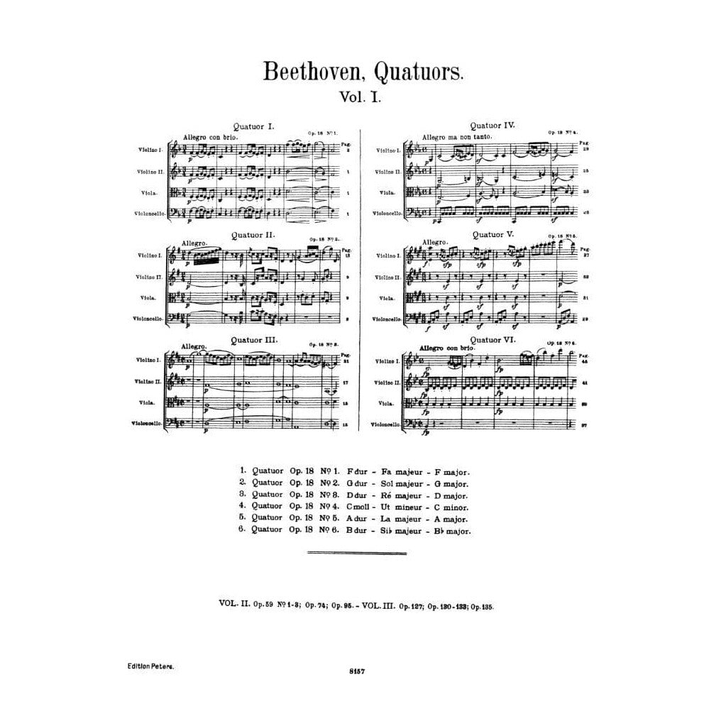 Beethoven, Ludwig - 6 String Quartets Op 18 for Two Violins, Viola and Cello - Arranged by Moser - Peters Edition