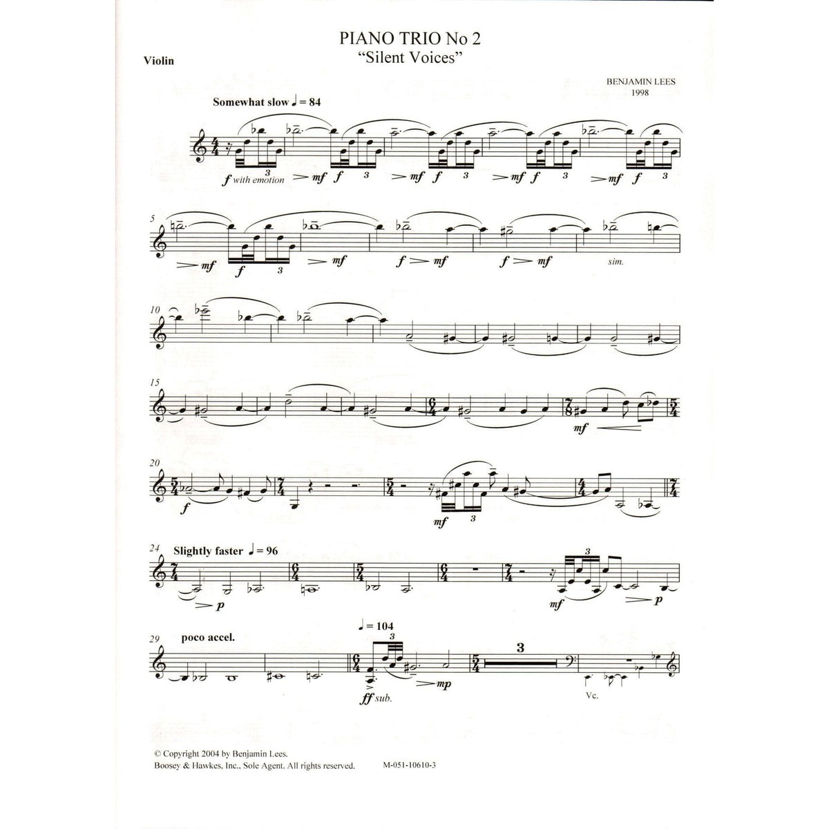 Lees, Benjamin - Piano Trio No. 2: "Silent Voices" - Violin, Cello, and Piano - Boosey & Hawkes Edition
