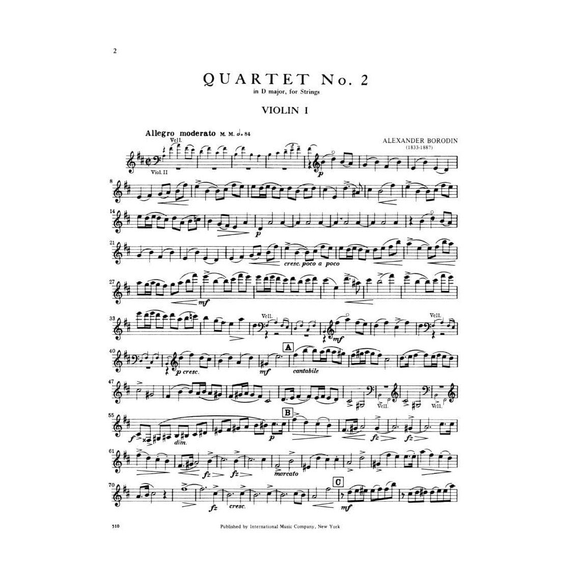 Borodin, Alexander - Quartet No 2 in D Major ( 1881 ) Parts for Two Violins, Viola and Cello - International Edition