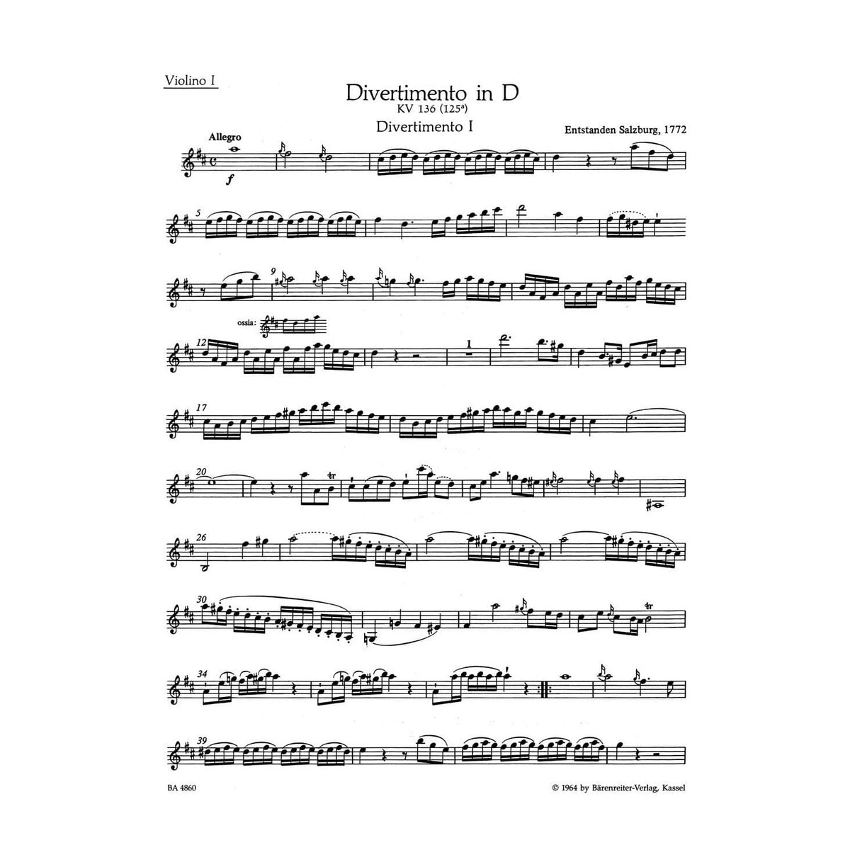 Mozart, WA - Three Divertimenti for String Quartet, K 136, 137, 138 - Two Violins, Viola, and Cello - edited by Karl Heinz Füssl - Bärenreiter Verlag URTEXT