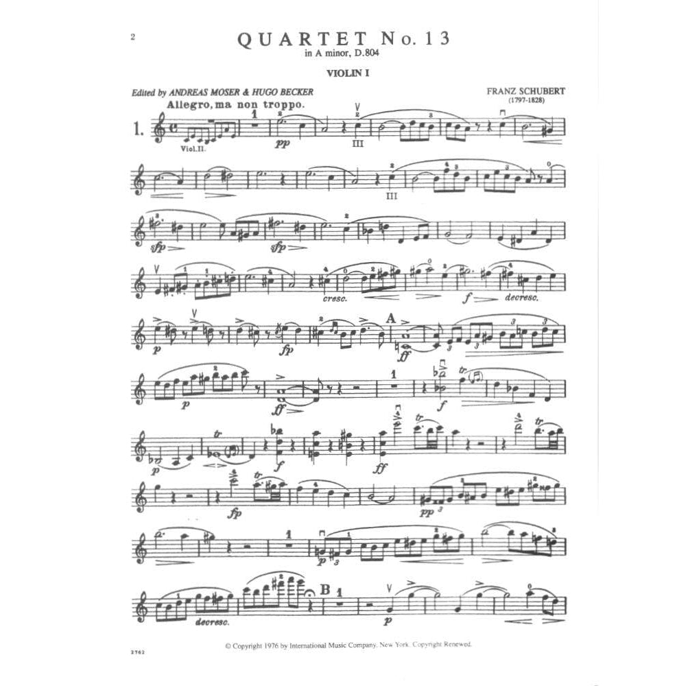 Schubert, Franz - Three Celebrated Quartets Edited by Moser-Becker Published by International Music Company
