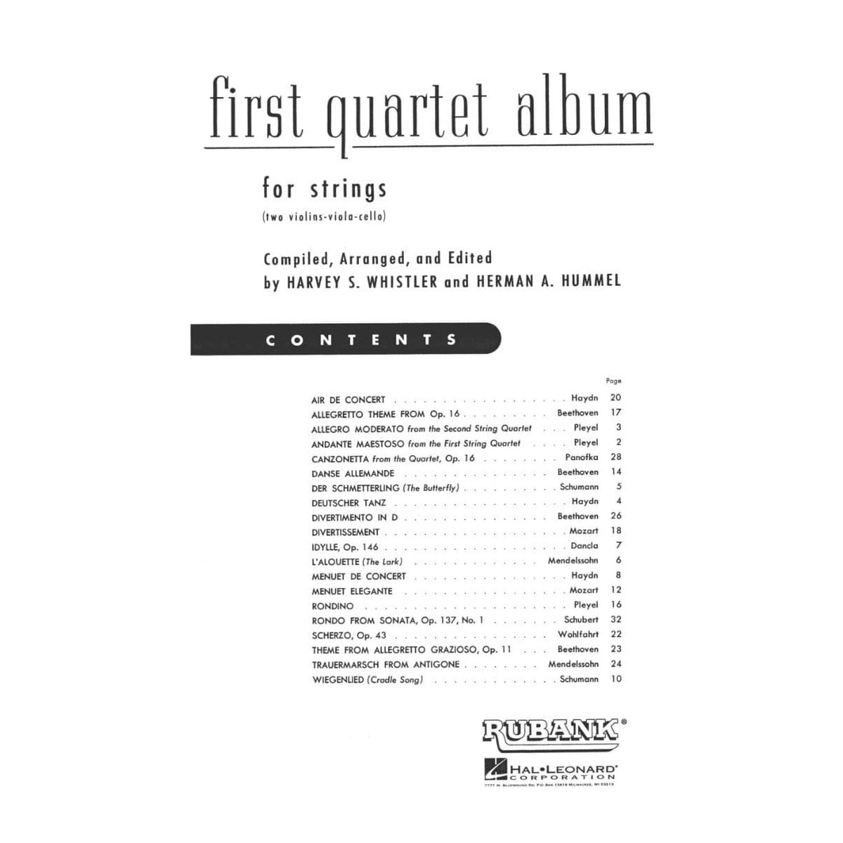 Whistler / Hummel - First Quartet Album Published by Rubank Publications