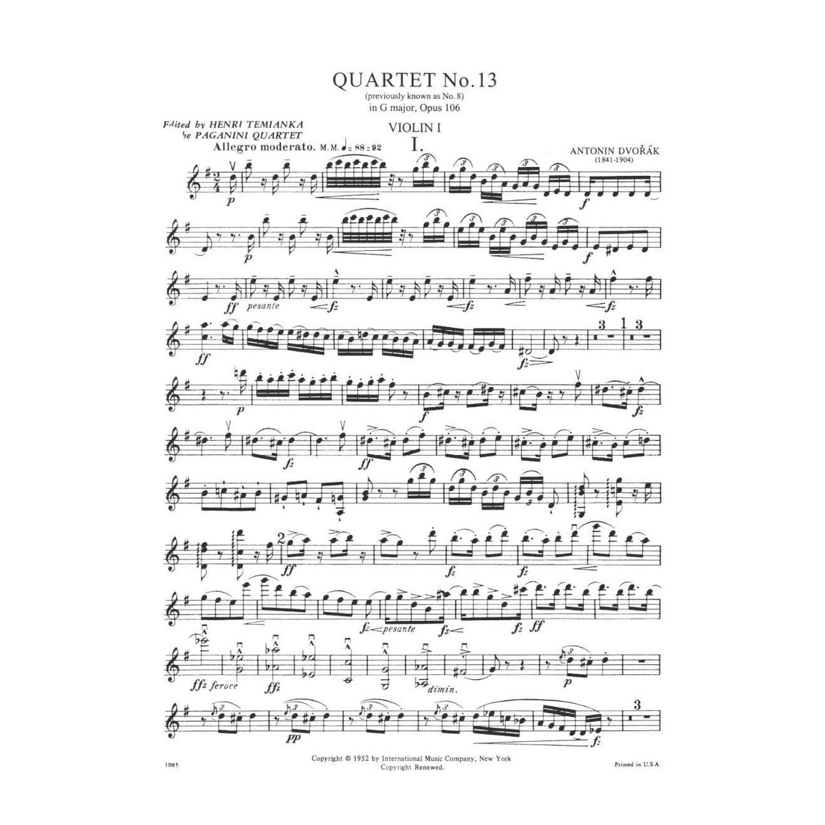 Dvorák, Antonín - Quartet No 13 in G Major, Op 106 - Two Violins, Viola, and Cello - edited by the Paganini Quartet - International Edition