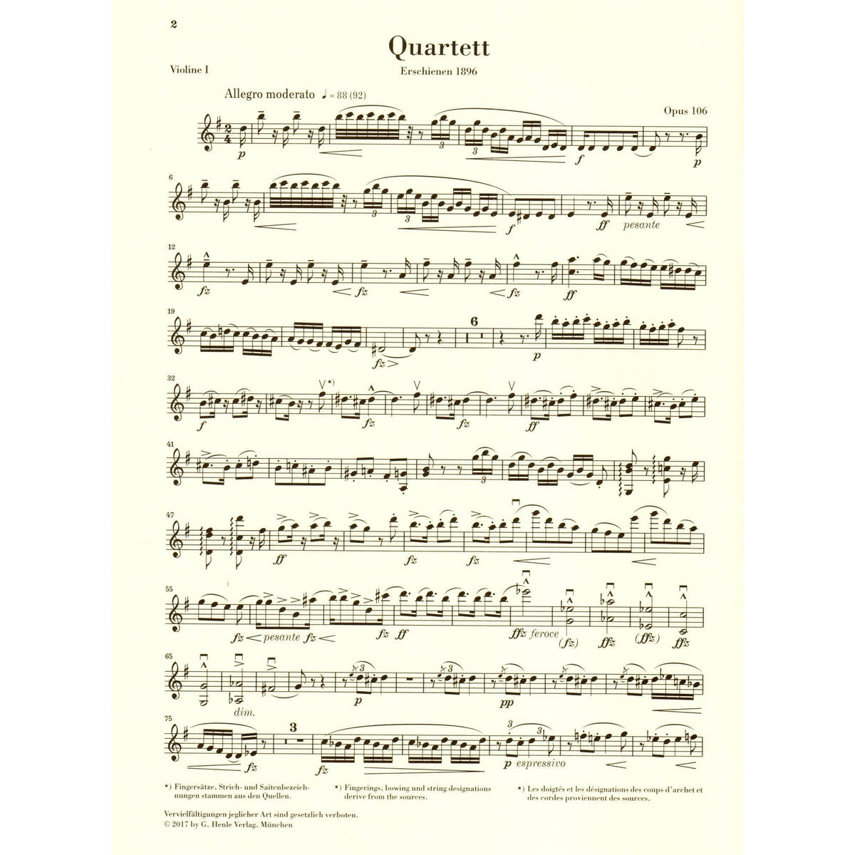 Dvorak, Antonin - String Quartet in G major - Opus 106 - Parts Only - Edited by Peter Jost - G Henle Verlag URTEXT
