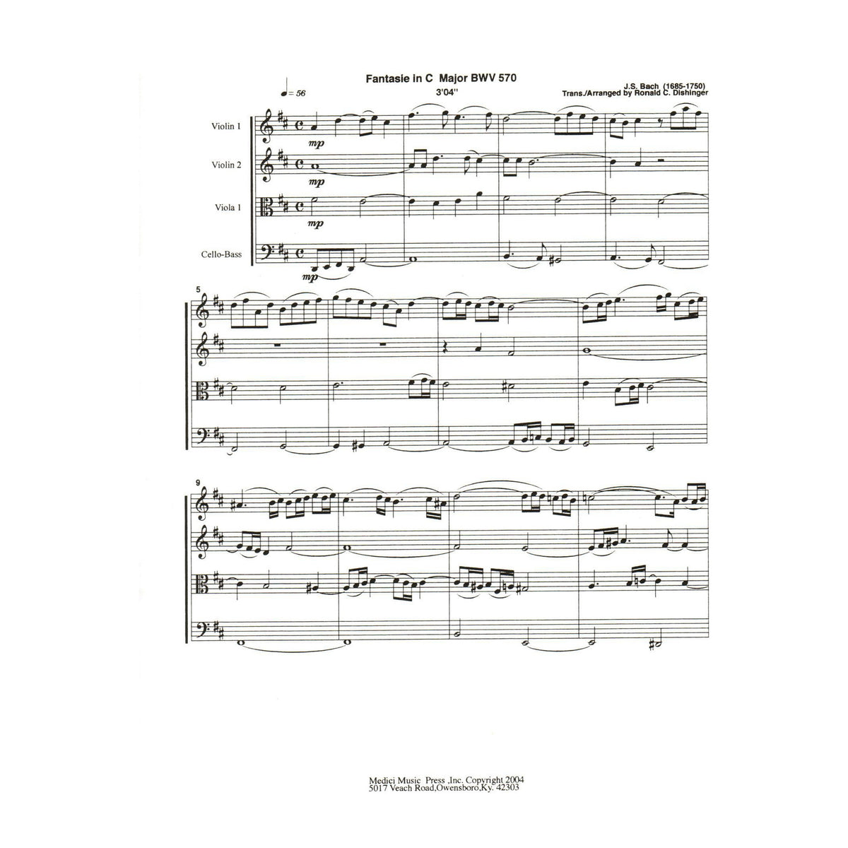 Bach, J.S. - Fantasie in C Major (BWV 570) - transposed to D major - for String Quartet - arranged by Dishinger - Medici Music Press