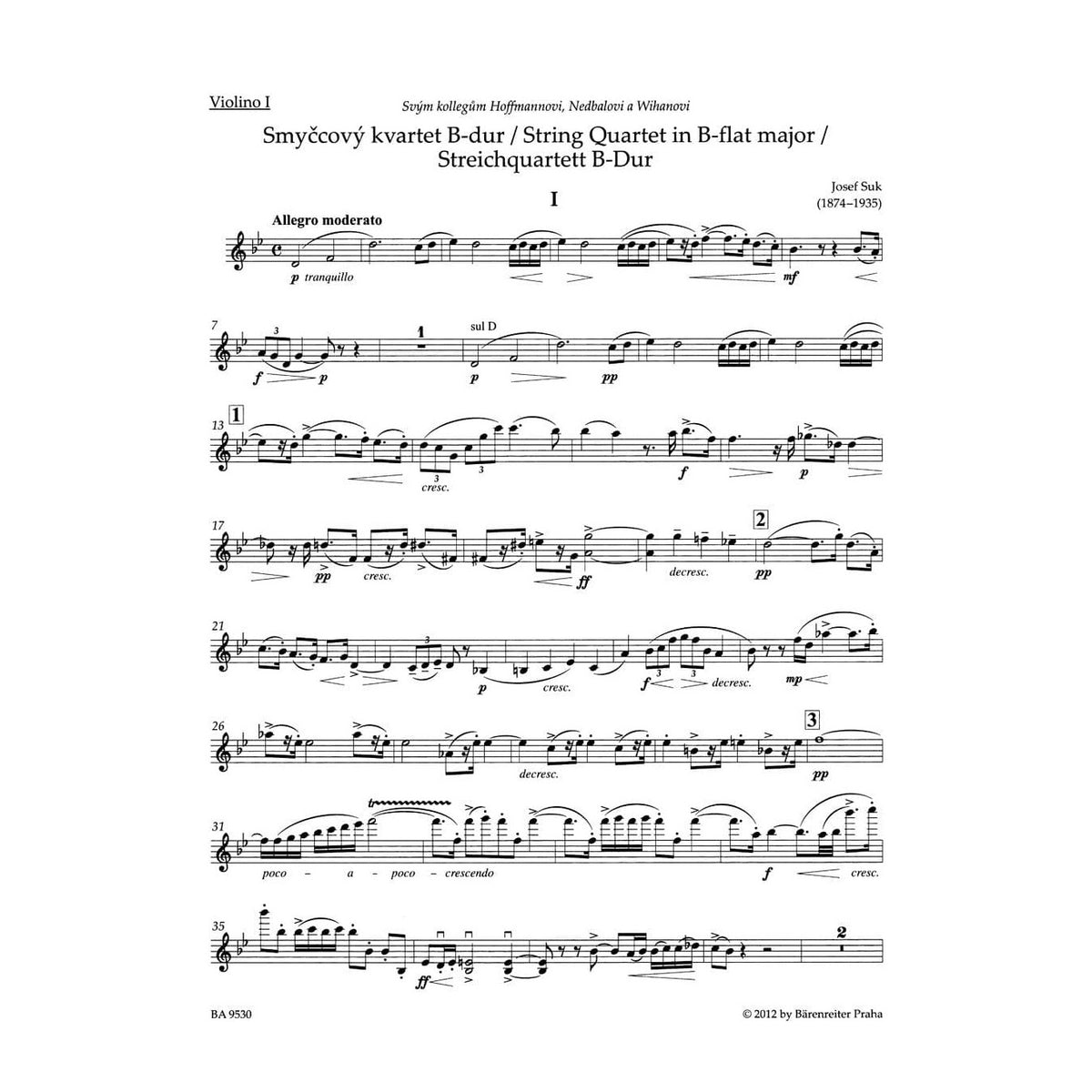 Suk, Josef - String Quartet No 1 in B-Flat Major, Op 11 - edited by Zdenek Nouza - Bärenreiter