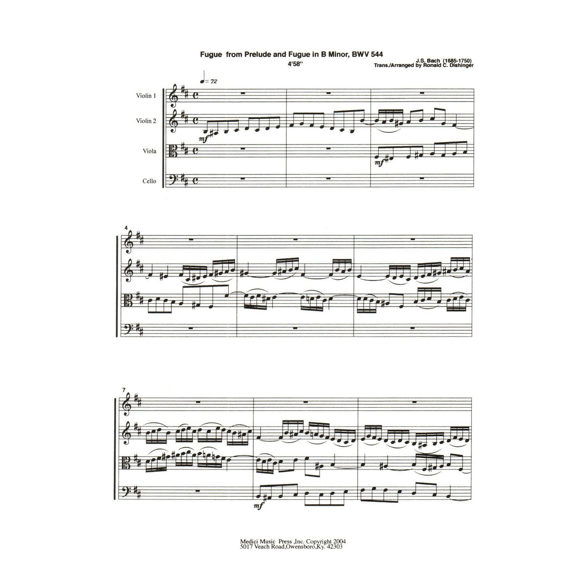 Bach, J.S. - Fugue from Prelude and Fugue in B Minor (BWV 544) - for String Quartet - arranged by Dishinger - Medici Music Press