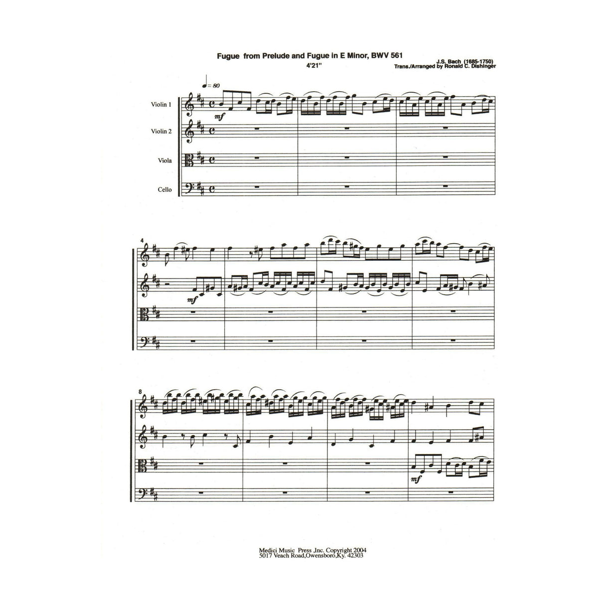 Bach, J.S. - Fugue from Fantasy and Fugue in A Minor (BWV 561) - for String Quartet - arranged by Dishinger - Medici Music Press