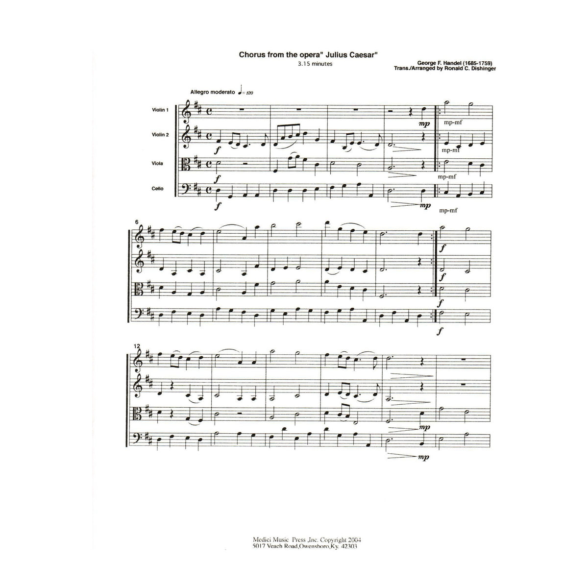 Handel, George Friderich - Chorous from "Julius Caesar" - for String Quartet - arranged by Ronald C. Dishinger - Medici Music Press
