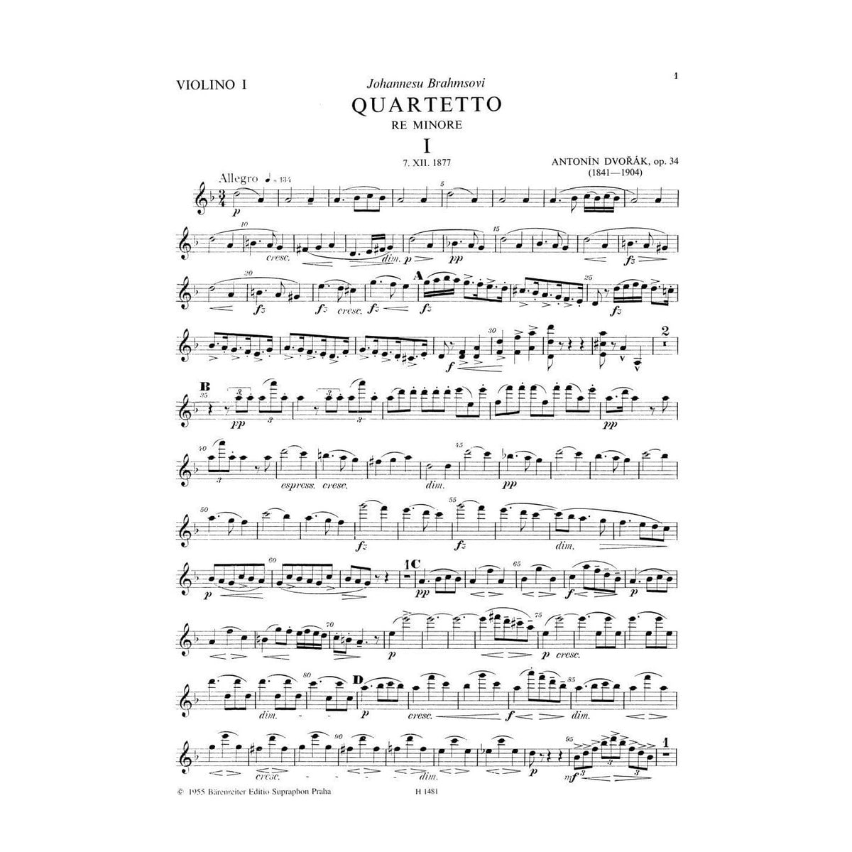 Dvorák, Antonín - Quartet No 9 in d minor, Op 34 - Two Violins, Viola, and Cello - Bärenreiter Verlag URTEXT