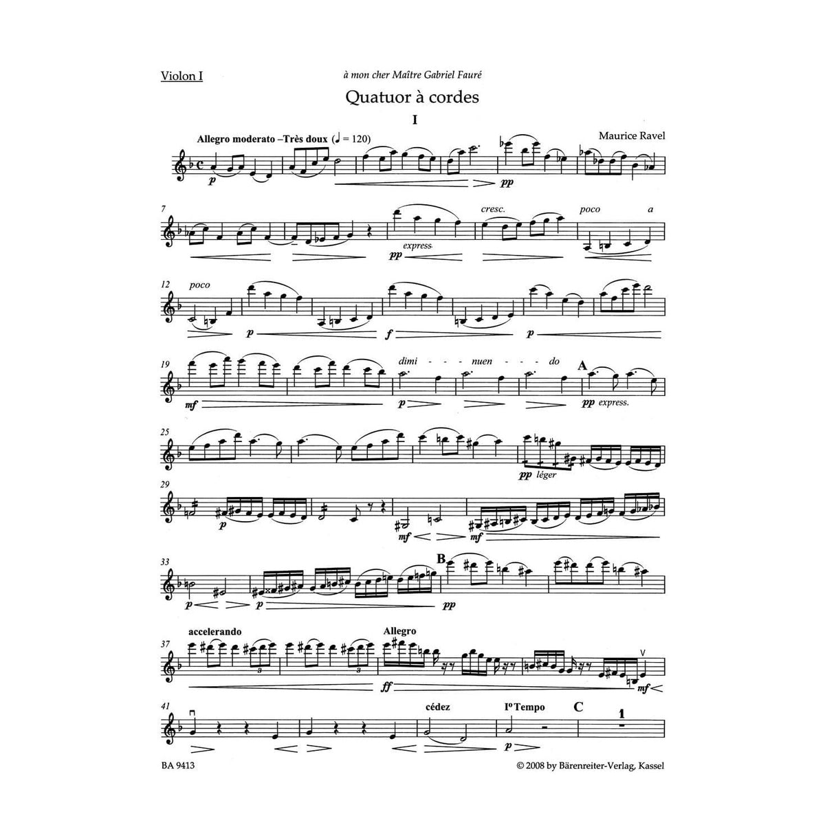 Ravel, Maurice - String Quartet in F Major - Two Violins, Viola, and Cello - Parts - edited by Juliette Appold - Bärenreiter Verlag URTEXT