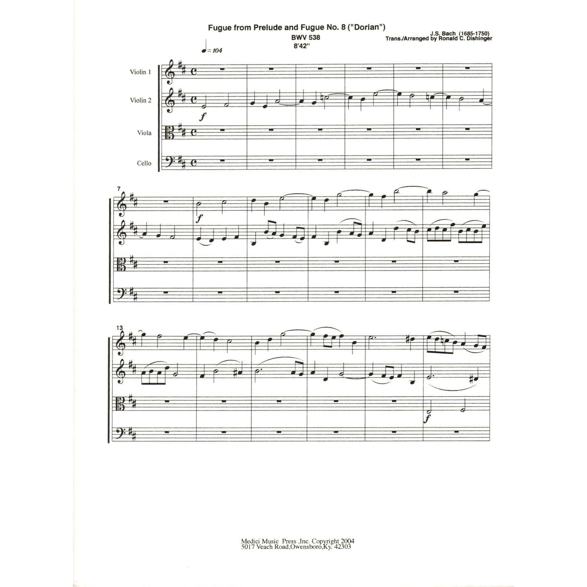 Bach, J.S. - Fugue from Prelude and Fugue (Dorian), BWV 538 - for String Quartet - arranged by Dishinger - Medici Music Press