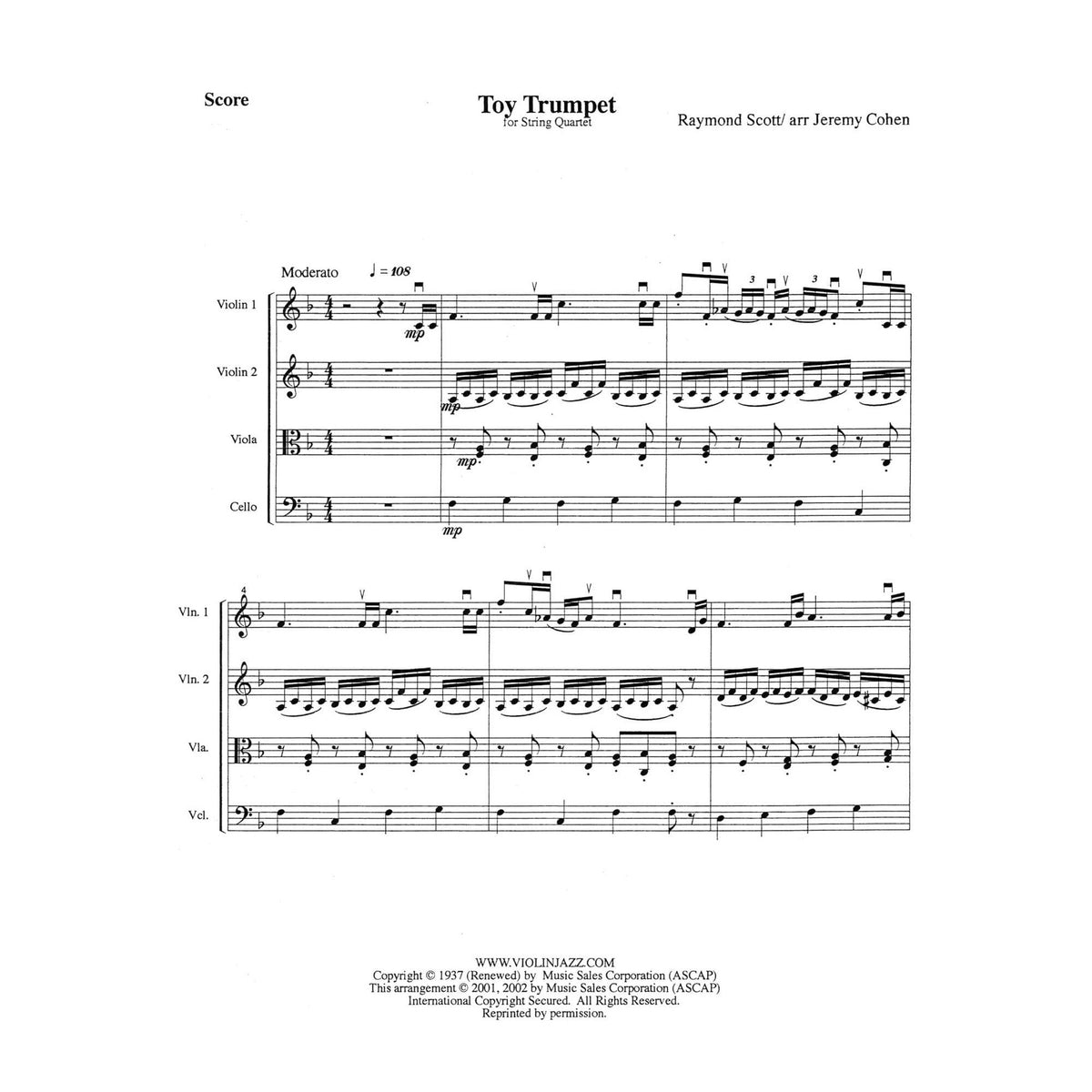 Scott, Raymond - Toy Trumpet - Raymond Scott Collection - for String Quartet - arranged by Jeremy Cohen - Violinjazz Editions