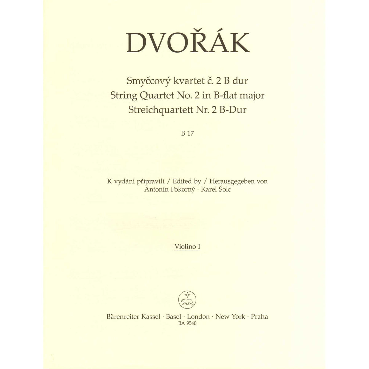 Dvorak, Antonin - String Quartet No. 2 in B-flat Major - Parts Only - edited by Pokorny and Solc - Barenreiter URTEXT