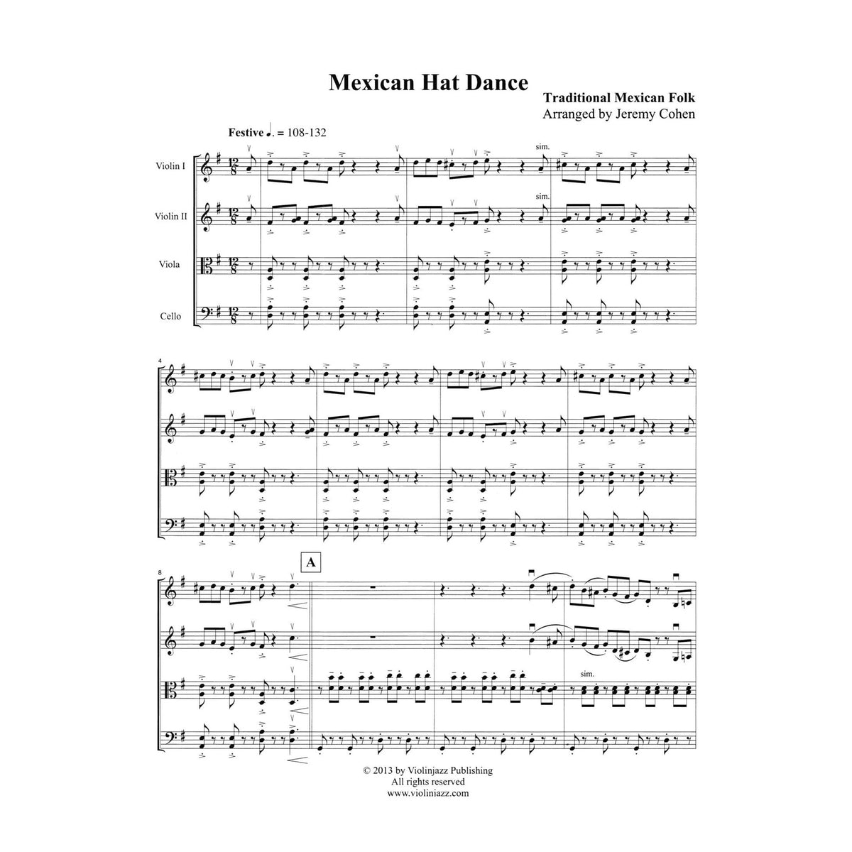 Cohen, Jeremy - Mexican Hat Dance - World Chamber Series - for String Quartet - Violinjazz Editions
