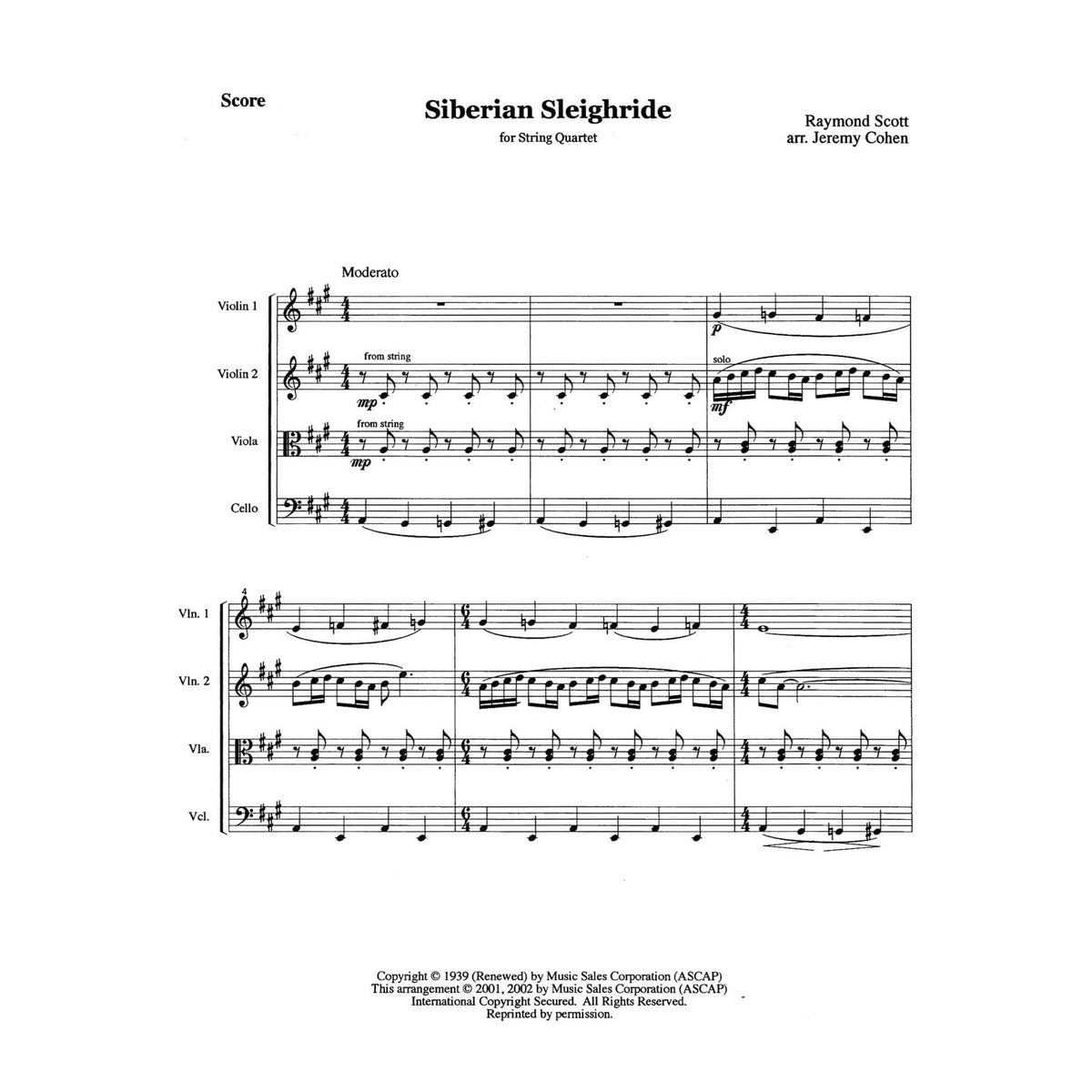 Scott, Raymond - Siberian Sleigh Ride - Raymond Scott Collection - for String Quartet - arranged by Jeremy Cohen - Violinjazz Editions