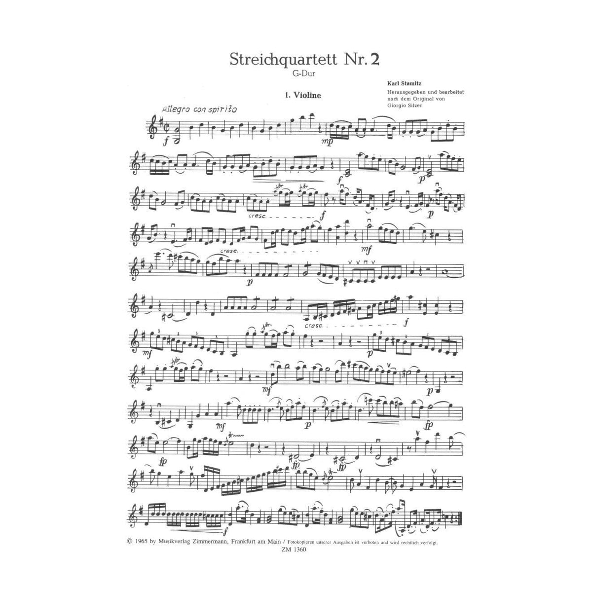 Stamitz - Quartet No 2 In G Major Published by Zimmermann - Frankfurt