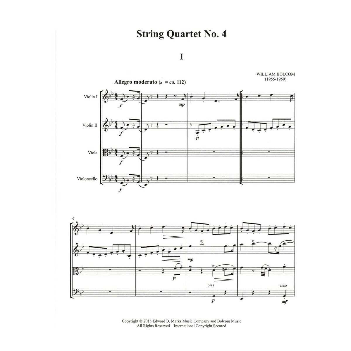 Bolcom, William - String Quartet No. 4 - Score and Parts - Edward B. Marks Music Company